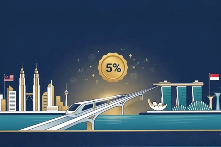 Johor-Singapore Special Economic Zone JS-SEZ 2026 with bridge connecting Malaysia and Singapore skylines and 5 percent tax rate badge