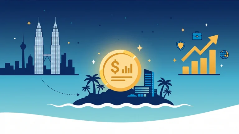 Labuan Offshore Zone Malaysia 2026 illustration with offshore island, KL skyline, and golden tax document — Horizon Hub Consulting