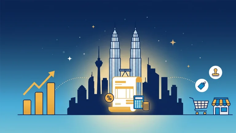 Malaysia SST 2026 8% rate illustration with Kuala Lumpur skyline and tax invoice — Horizon Hub Consulting guide for foreign companies