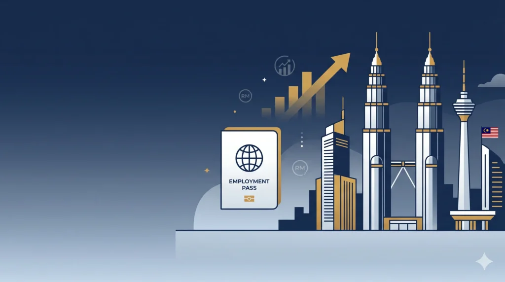 Malaysia Employment Pass new salary rules 2026 with Kuala Lumpur skyline and rising chart