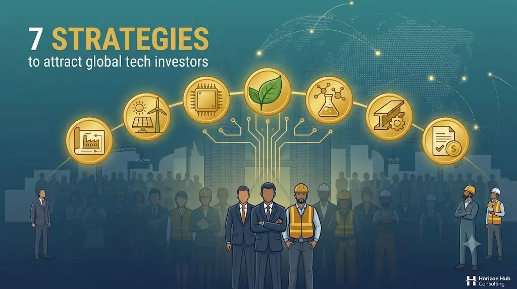 Malaysia's seven strategies to attract global tech investors — vector illustration with gold strategy icons, Kuala Lumpur skyline and Petronas Towers — Horizon Hub Consulting guide for foreign companies